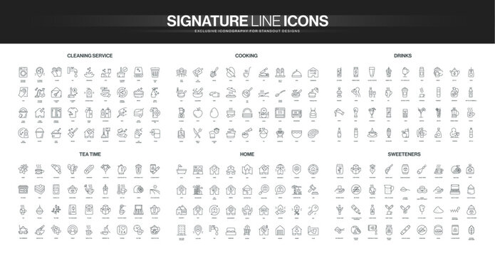 Comprehensive set of line icons covering cleaning, cooking, drinks, tea, home essentials, and sweeteners, ideal for visualizing household and culinary concepts isolated vector illustration