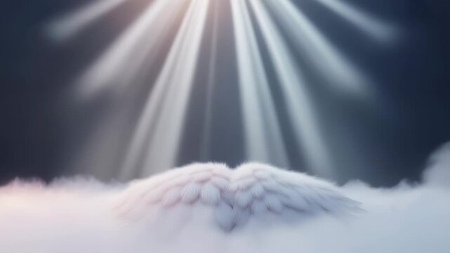 Angel wings floating in dreamlike sky cinematic fantasy with heavenly light and falling hearts abstract spiritual motion background footage