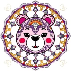Decorative Cute Bear Face with Mandala Border border, colorful illustration, animal face, festive design, intricate patterns, vibrant colors