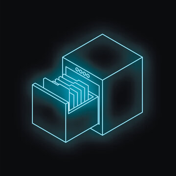 Open filing cabinet emitting a futuristic blue glow, symbolizing digital data storage and access