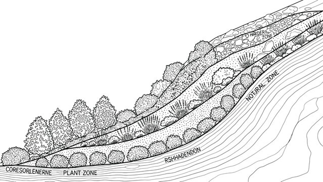 Landscape design diagram illustrating layered planting zones on a sloped terrain with labeled sections