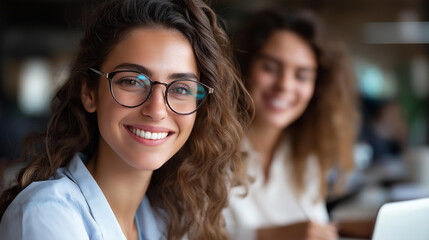 Two Young South Asian colleagues collaborating, business software development company, female team leader updating strategist, financial market news discussion, defocused office, with copy