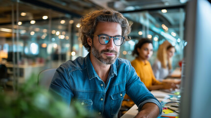 People working on computer behind glass wall, IT specialists and programmers visible, open space modern office background, collaborative workspace environment, with copy space
