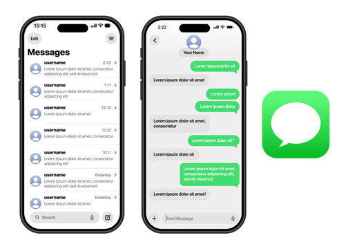 iMessage iOS Messages interface showing inbox list conversation thread green message bubbles text input search bar and clean Apple system messaging layout
