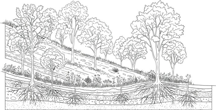 Diagram illustrating different tree root systems and soil layers in a cross section view