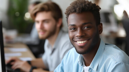 Cheerful African American and Caucasian programmers, working together on new software, leading IT company office, collaborative development session, defocused workspace, with copy space