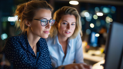 Two women cybersecurity professionals together, computer screen development work, innovative digital security solution, contemporary office environment, defocused background, with copy space