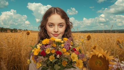 Girl Holds Bouquet of Flowers in a Field With Blue Sky and Clouds During Daytime in Summer