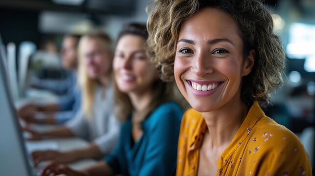 Cheerful African American and Caucasian programmers, working together on new software, leading IT company office, collaborative development session, defocused workspace, with copy space