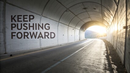 Road tunnel with text encouraging to keep moving forward