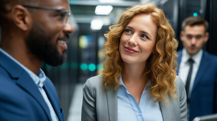 Business people talking in server room, professional datacenter discussion, infrastructure consultation meeting, technology team collaboration, defocused equipment racks, with copy space