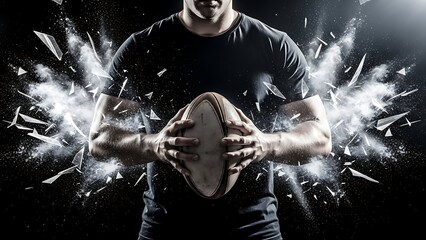 Athlete holding rugby ball amidst explosion