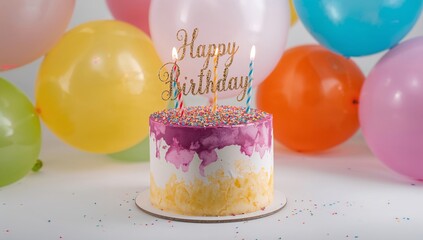 Colorful Birthday Cake With Candles and Balloons for a Special Celebration