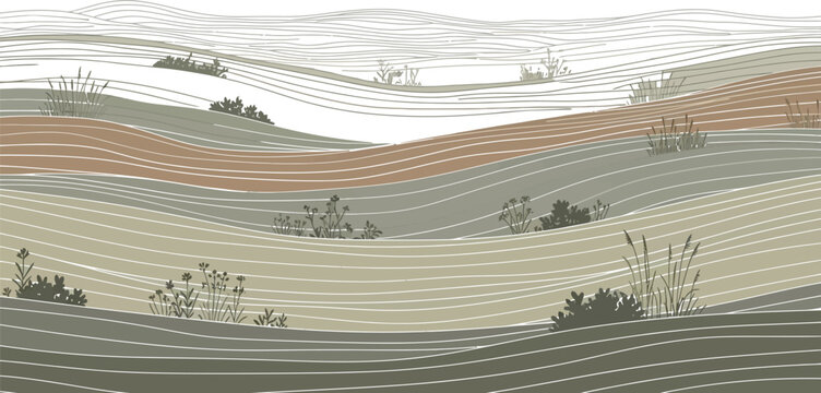 Abstract rolling hills landscape featuring layered earth tones and minimalist line work in muted organic colors