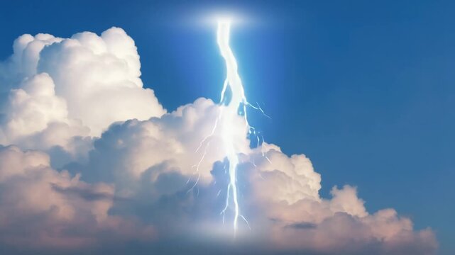 Electric flash over fluffy clouds in vibrant blue sky dynamic footage showcasing powerful lightning strike with dramatic weather phenomenon