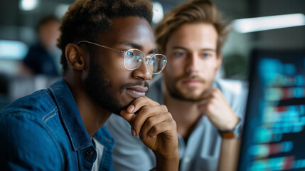 Two men data science specialists closeup, office collaboration moment, big data screen analysis, coders working on new project, defocused workspace background, with copy space