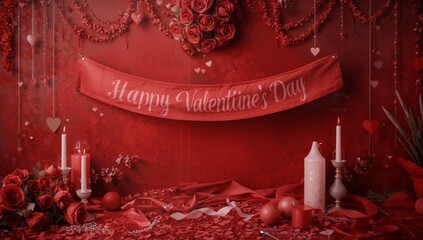 Decorations for Valentines Day With Flowers, Balloons, and a Banner for Celebration