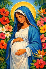 Pregnant Virgin Mary with golden halo and vibrant tropical flowers like hibiscus and bird of paradise, Blessed Mother maternity illustration for Catholic Advent, Nativity and spiritual art posters