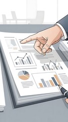 Hand pointing to a statistical graph on a document with various charts and graphs