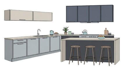 Modern kitchen interior illustration featuring sleek island and stools in a clean environment from a front viewpoint