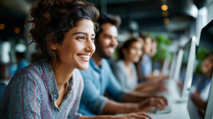 Young South Asian specialists at desktop computers, modern workplace team collaboration, Indian software developer with female lead, financial project discussion, defocused office, with