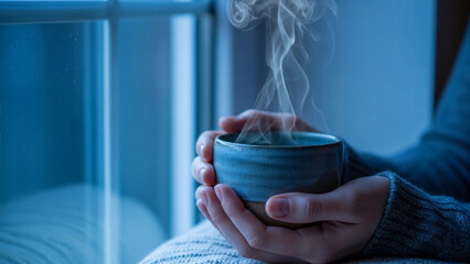 Warm drink held in hands by the window in blue light during evening time