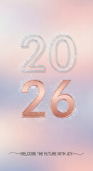 Fototapeta premium Image with number '2026' in silver and bronze on gradient backdrop, representing future year or date, concept of celebration and new year resolution