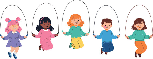 Happy Children Jumping Rope Together In Different Poses Isolated On White Background Cute Flat Vector Illustration © Sumon Creative