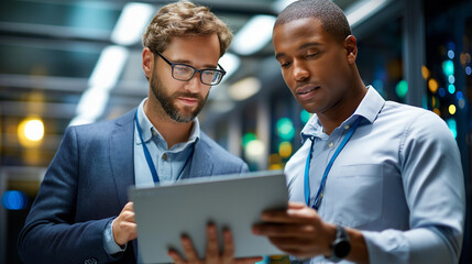 IT specialists managing servers together, crucial for modern business success, infrastructure maintenance collaboration, datacenter professional work, defocused equipment racks, with copy