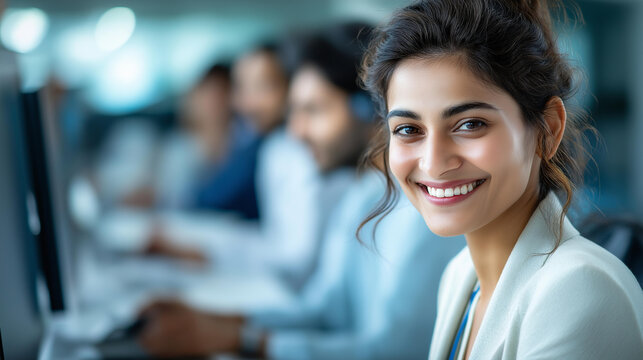 Young South Asian specialists at desktop computers, modern workplace team collaboration, Indian software developer with female lead, financial project discussion, defocused office, with - Powered by Adobe