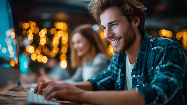 Creative team with computer working late, office evening session collaboration, deadline project work, programming development activity, defocused workspace environment, with copy space - Powered by Adobe