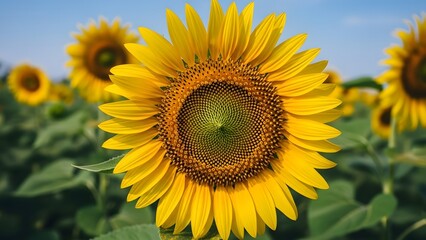 Vibrant sunflower in full bloom with bright yellow petals and green center