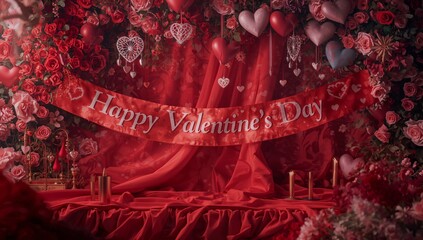 Decorations for Valentines Day With Flowers, Balloons, and a Banner for Celebration