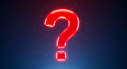 Glowing red question mark on dark blue background, with light particles. Represents uncertainty, questioning, or seeking answers in digital space