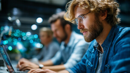 Group of IT specialists on new project, collaborative technology development, team programming session, modern workspace environment, defocused office interior, with copy space