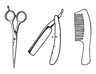 Vintage Hand-drawn Barber Shop Tools Illustration Set, Retro Sketch Style Grooming Accessories with Straight Razor, Scissors, and Barber Pole for Haircut Branding