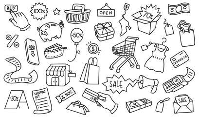 Shopping doodle. Wallet, card and gift box, cart and piggy bank for online ecommerce, marketing and Christmas sale or retail business. Hand drawn vector set for payment, delivery and customer service © WinWin