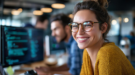 Two Young South Asian colleagues working, business software development company, female team leader updating strategist, investment trends discussion, defocused modern office, with copy