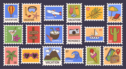 Summer travel stamps. Beach, palm and airplane for vacation postcards, adventure memories and tourism poster. Hand drawn vector set of marine and island icons for vintage postage fun sticker © WinWin