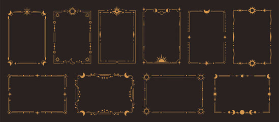 Celestial golden frame with sun, moon and stars for mythical poster, vintage wedding invitation in luxury cosmic astrology style. Vector border for tarot card, spiritual brand with magic boho symbols © WinWin