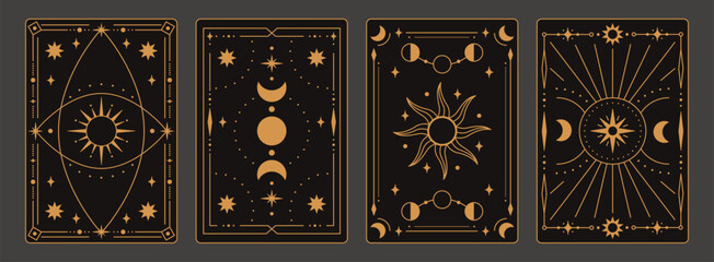 Tarot card golden frame with mystic symbols and celestial border for magic deck, divination and vintage occult or spiritual pack. Luxury vector template with line geometry for witchy, astrology label © WinWin