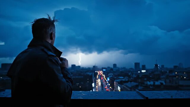 Man stands on rooftop watching lightning storm over city at night. Person observes storm with lightning strikes above urban skyline. Man watches dramatic storm with city lights below at night.