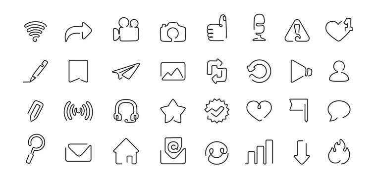 Social media ole line icons for app UI, web dashboard and mobile interface editable vector set. Continuous line simple pictograms, message, camera, play and share, wi-fi and search, email functions