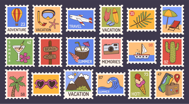 Summer travel stamps. Beach, palm and airplane for vacation postcards, adventure memories and tourism poster. Hand drawn vector set of marine and island icons for vintage postage fun sticker