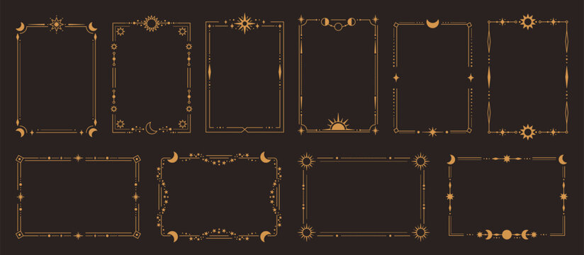 Celestial golden frame with sun, moon and stars for mythical poster, vintage wedding invitation in luxury cosmic astrology style. Vector border for tarot card, spiritual brand with magic boho symbols
