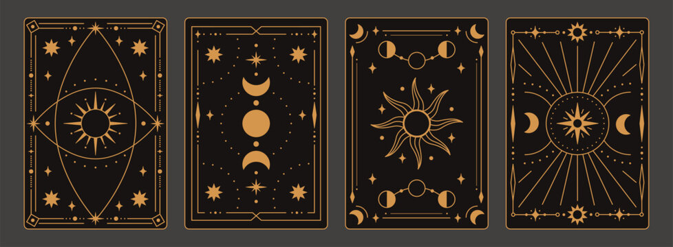 Tarot card golden frame with mystic symbols and celestial border for magic deck, divination and vintage occult or spiritual pack. Luxury vector template with line geometry for witchy, astrology label