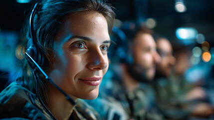 Focused IT specialists in military uniforms, command center teamwork together, all wearing communication headsets, defense technology collaboration, defocused command room, with copy space