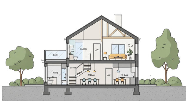 Detailed architectural illustration of a modern two-story house with transparent walls showing interior design and surroundings with trees
