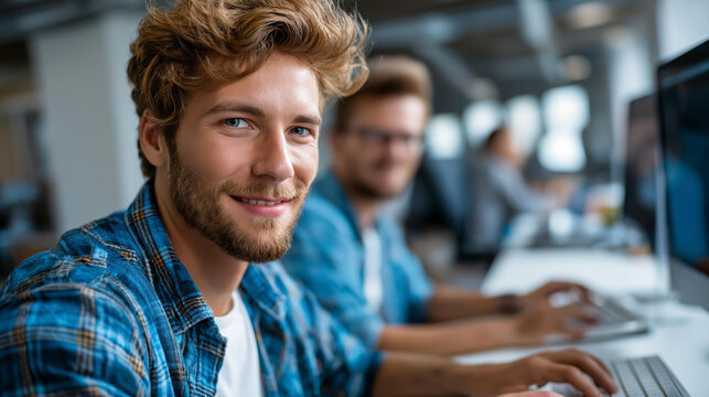 Two IT specialists working in office, technology professionals collaborating, software development session, modern workspace environment, defocused interior background, with copy space - Powered by Adobe