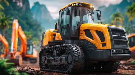 Yellow construction vehicle on dirt with excavators in background near mountains